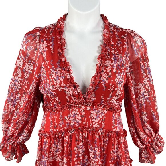 Selfie XL NWT Floral Open Back Ruffle Chiffon Dress Red Long Sleeve Deep V Neck - Picture 5 of 16
